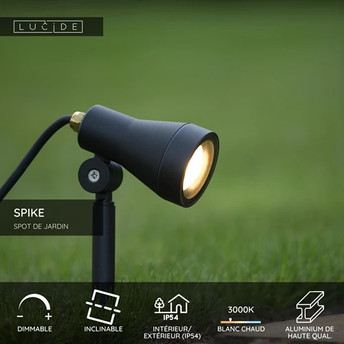 Lucide SPIKE - Spot de jardin - Ø 6,5 cm - LED Dim. - GU10 - 1x5W 3000K - IP54 - Noir - USP